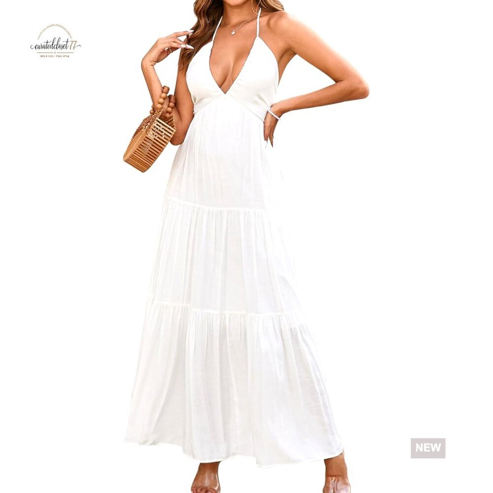 Maxi Dress Halter V-Neck Backless Bow A-Line Flowy Summer Beach